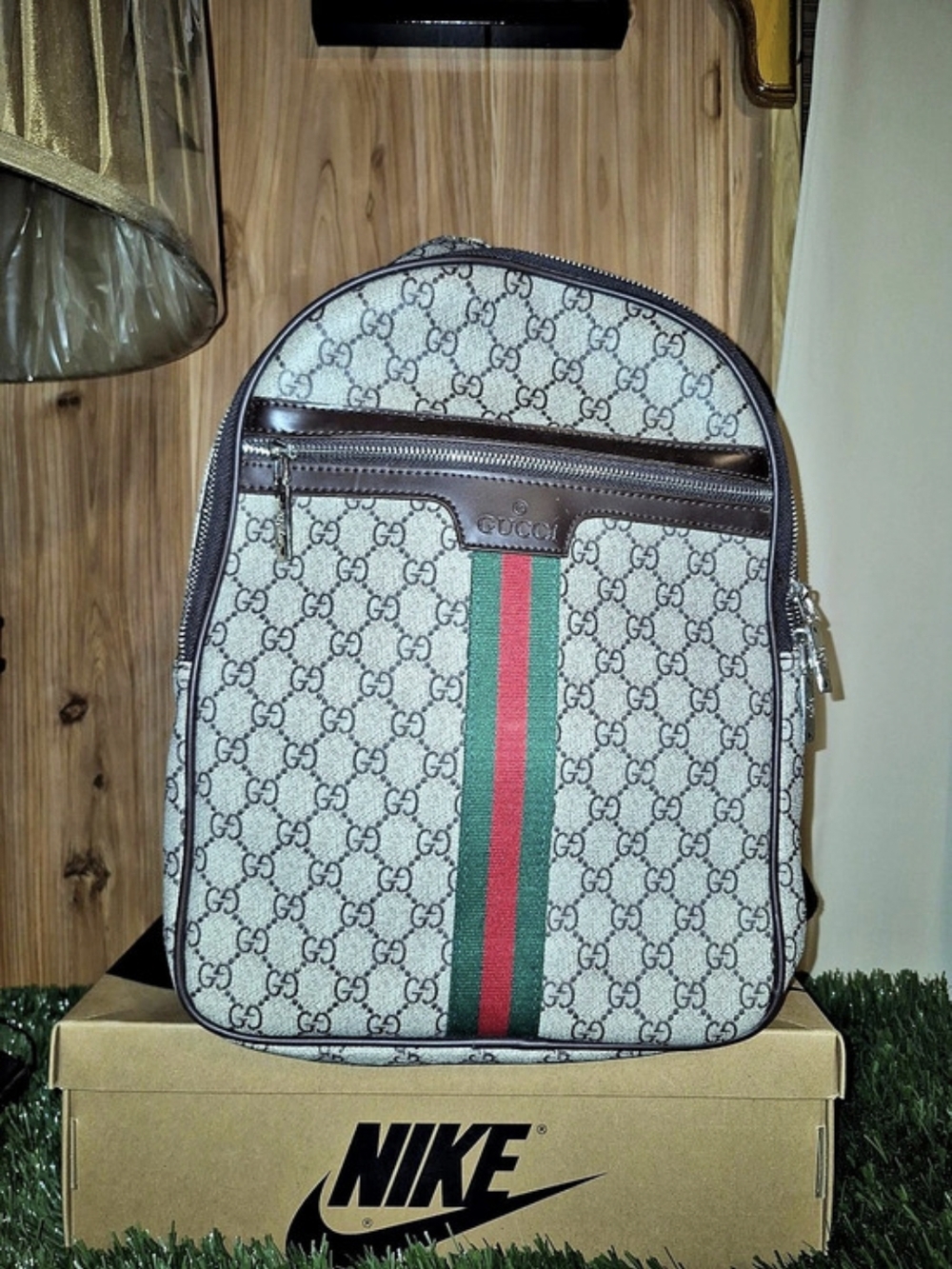 Gucci GG Monogram Web Stripe Backpack in Brown